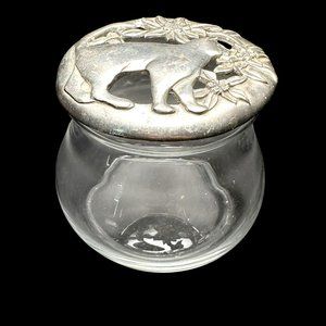 Pewter Glass Dish, 1987 Cat & Butterfly Lid Openwork Floral Design Canadian Vint